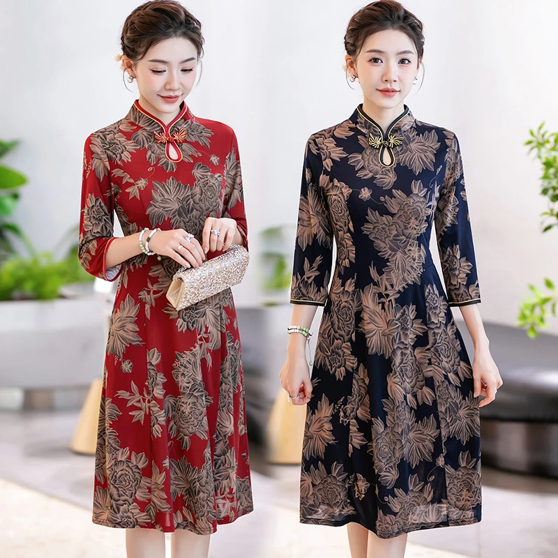 气质妈妈装春夏连衣裙中国风时尚复古中老年女修身显瘦改良旗袍裙