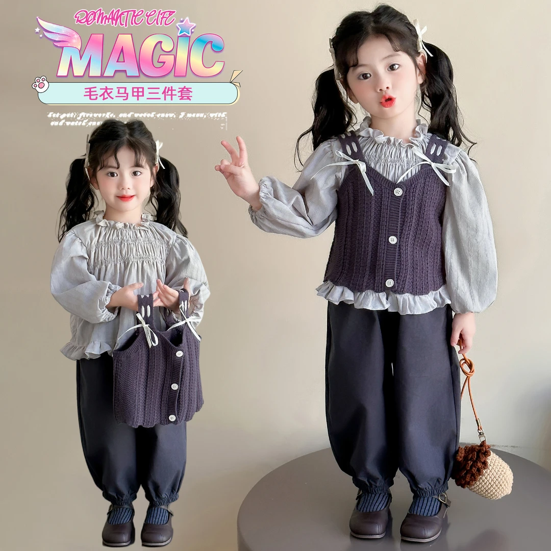 可爱萌趣宝宝休闲时尚洋气女小童韩范春秋款马甲三件套套装秋装