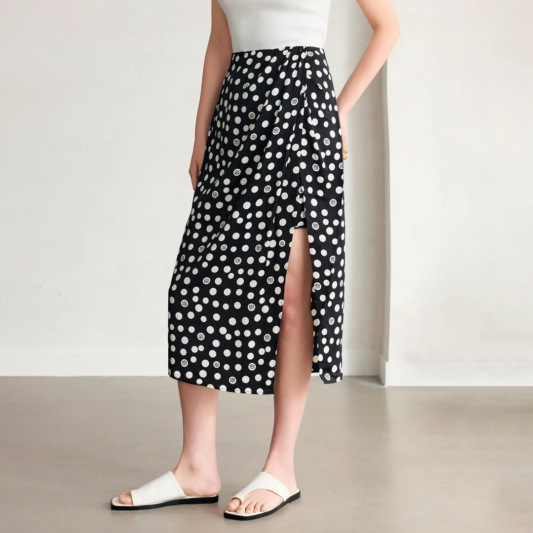 【籽言专属】时尚气质半身裙女新款浪漫波点印花捏褶设计感开叉裙