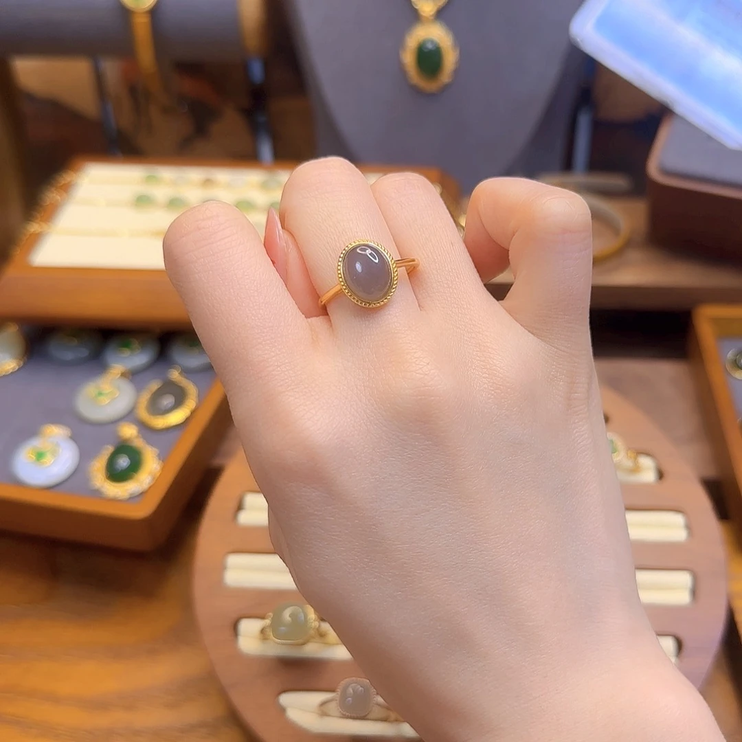 和田玉戒指银S925镀金镶嵌