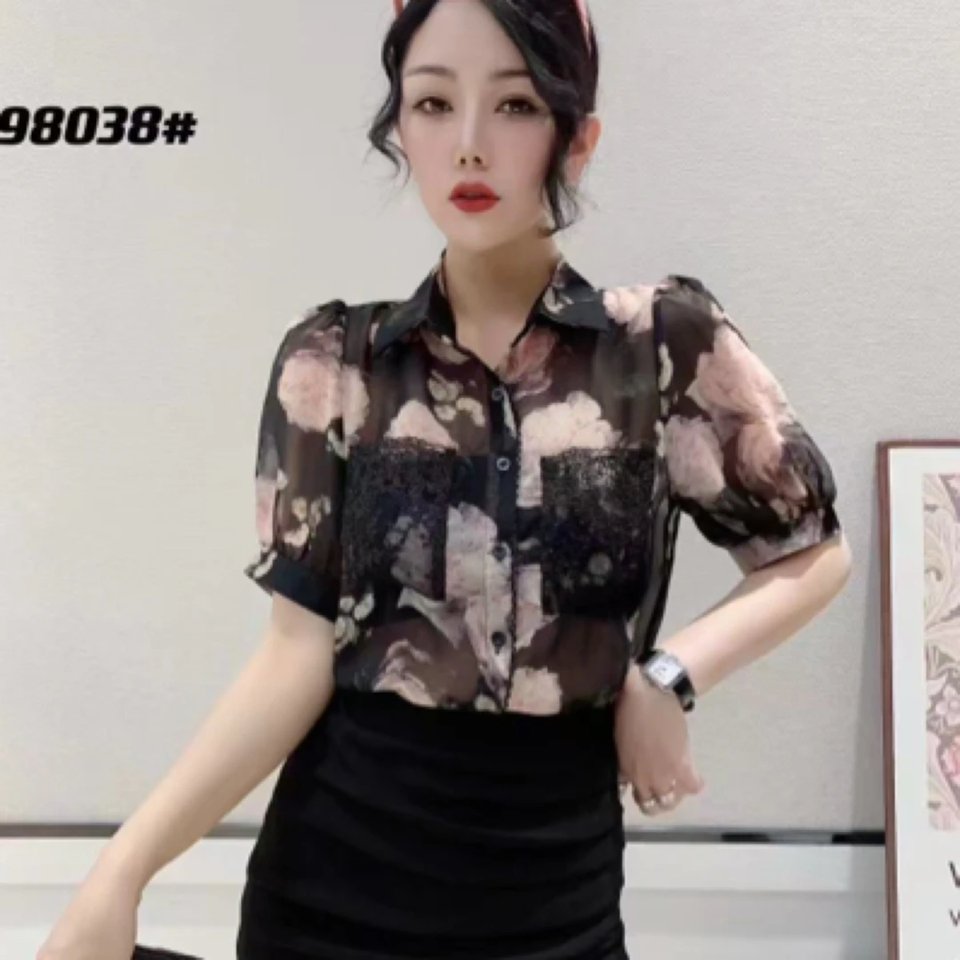 8881#【衣长53】夏季碎花显瘦气质短袖印花设计感防晒衬衫