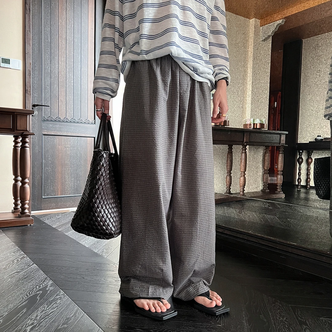 高林凡 韩国明星都在get的同款/宽松抽绳阔腿裤舒适格子裤休闲长