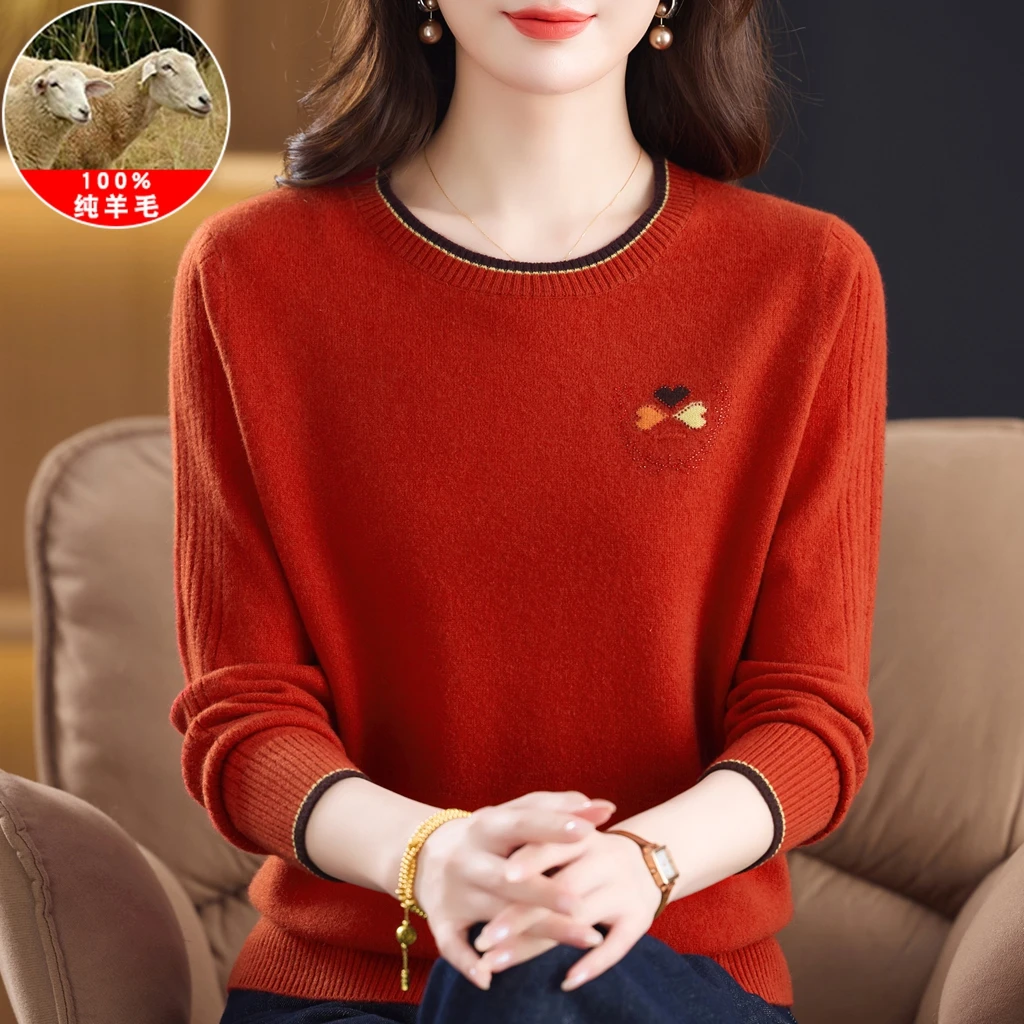 妈妈秋冬新款圆领毛衣100%纯羊毛衫中老年女内搭大码宽松打底衫厚