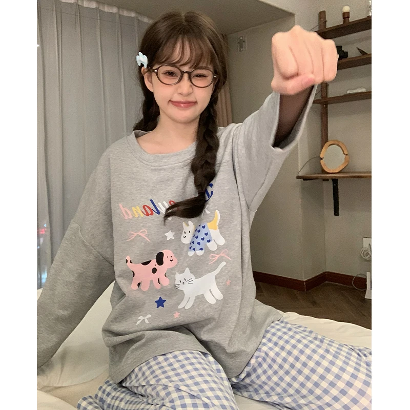 女大学生睡衣女款爆款2025新款可爱小猫春秋长袖家居服套装可外穿