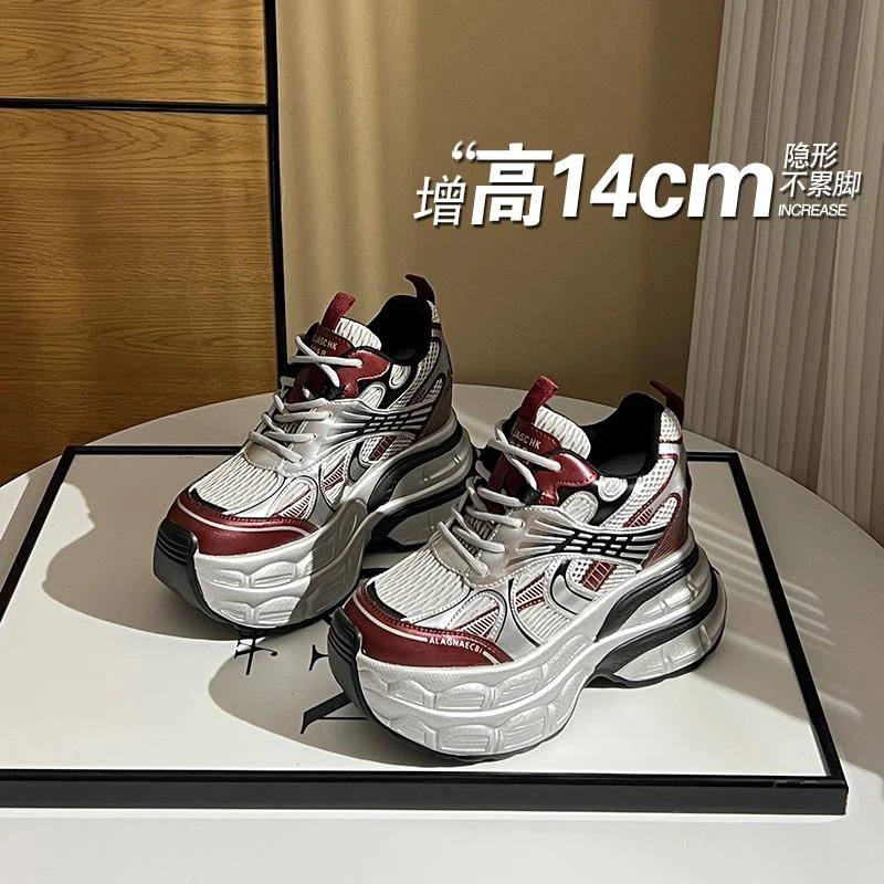 隐形14cm女款高级秋款透气百搭真皮厚底老爹鞋女厚底增高运动鞋