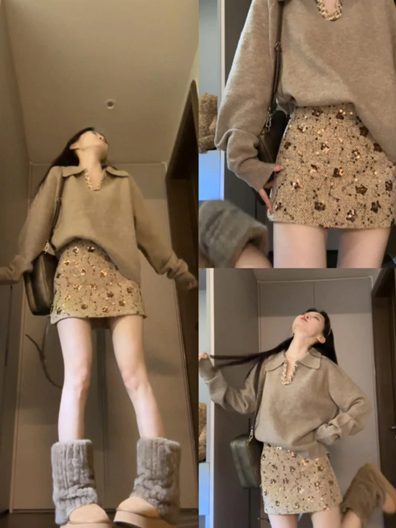 韩系chic高级感针织毛衣气质亮片短裙套装女2025新款早秋季穿搭