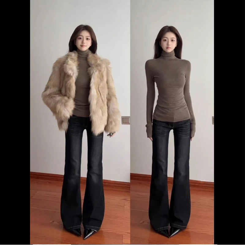 高领正肩德绒长袖T恤女秋冬收腰修身显瘦内搭加绒保暖打底衫上衣