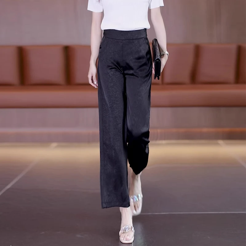 拉夏贝尔缎面九分裤女2025年春秋薄款高腰宽松显瘦休闲垂感直筒裤