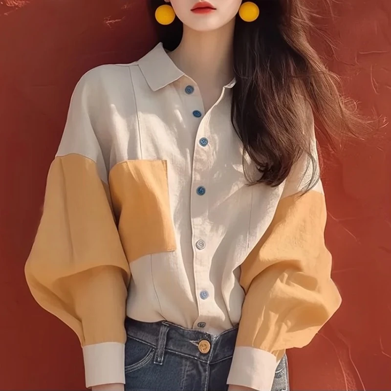 洋气杏色拼接衬衣长袖衬衫女设计感小众春秋独特别致宽松通勤绝美