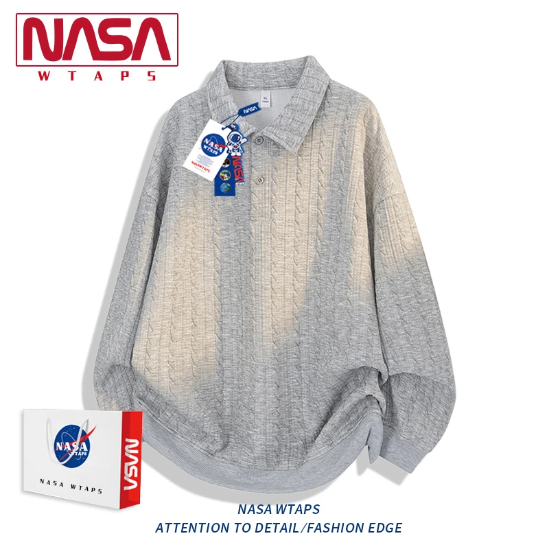 NASA WTAPS宽松翻领套头卫衣男秋季情侣学生复古肌理感长袖polo衫