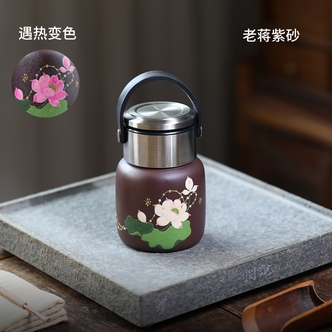 宜兴紫砂 高端矿料紫罗兰 手绘荷韵 墩墩杯 （赠杯套）