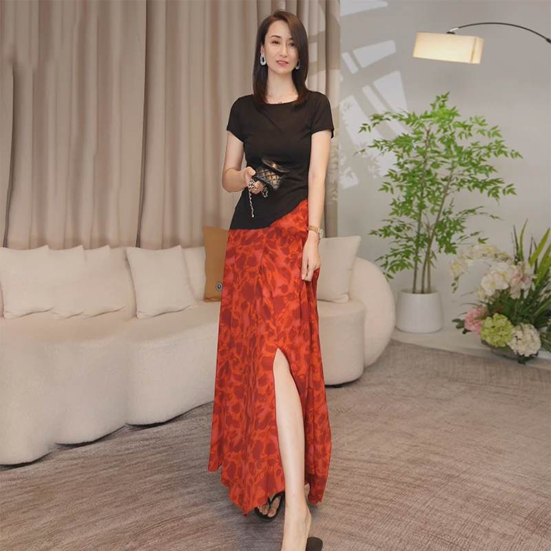 南油轻奢桑蚕丝印花半裙女2025夏春夏新款修身显瘦慵懒风度假半裙