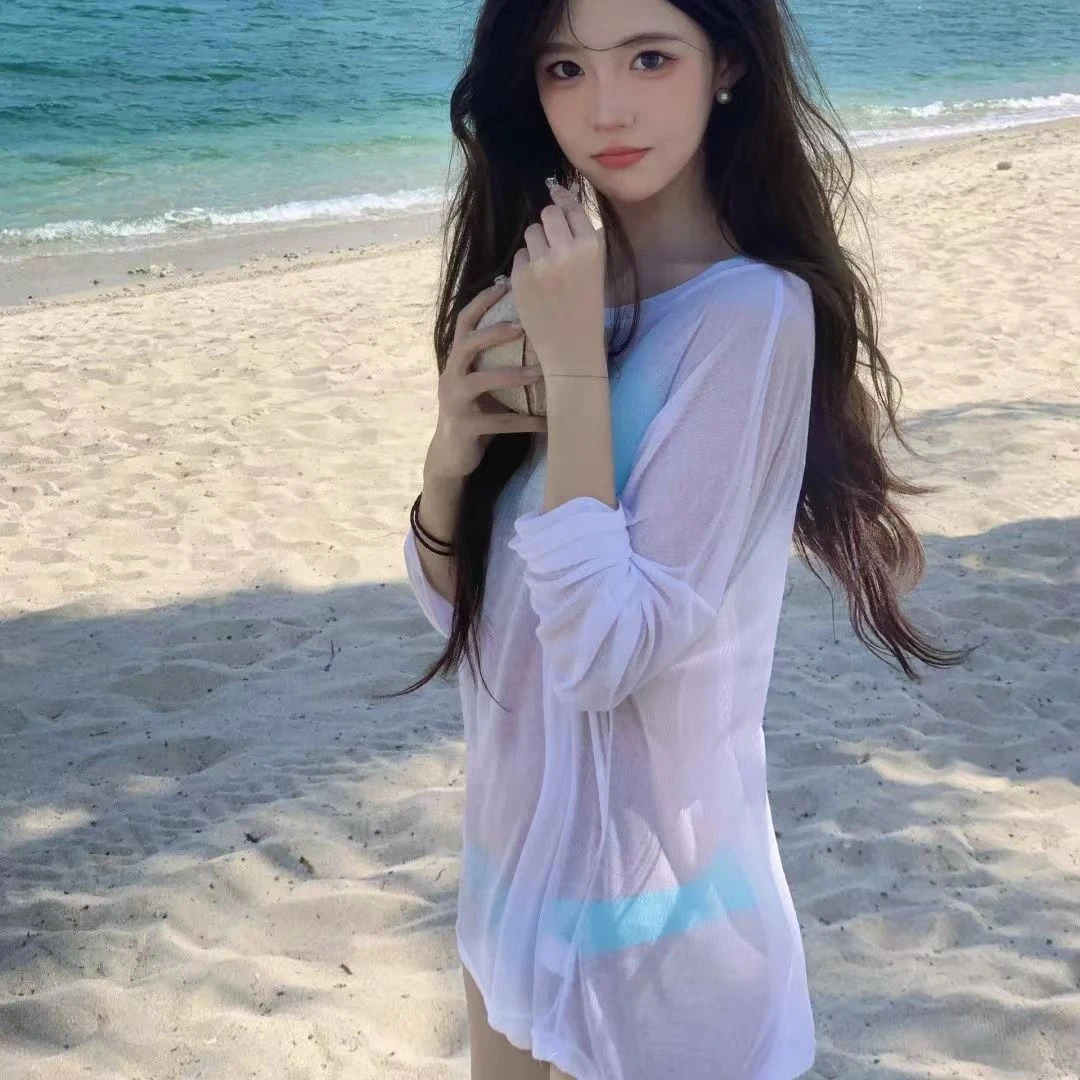美佳百搭泳衣罩衫均码白色微透长袖宽松性感休闲防晒外搭海边沙滩