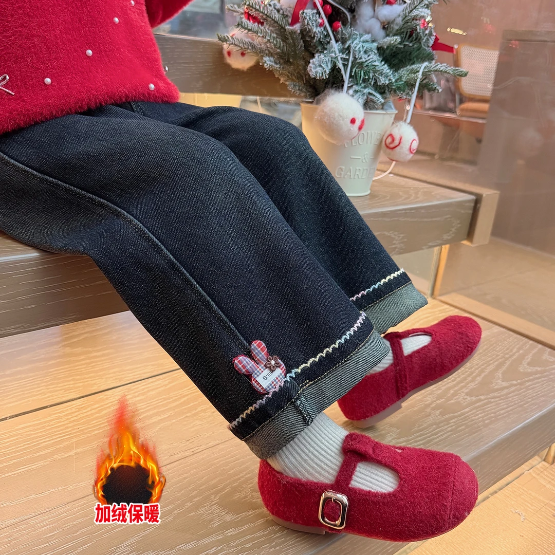 女童加绒牛仔裤秋冬季2025新款女宝宝时髦百搭保暖冬装休闲直筒裤