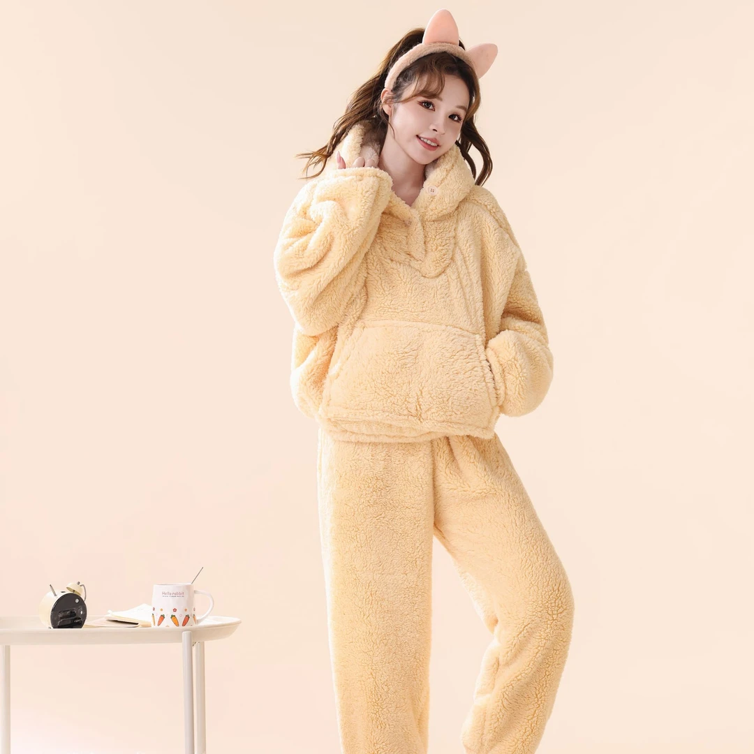 情侣款卫衣冬季睡衣甜美成人舒适女士V领中长款连帽睡衣保暖套装