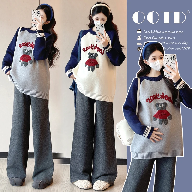 孕妇装时尚圆领卡通毛衣秋冬新款慵懒风休闲宽松显瘦百搭套头上衣