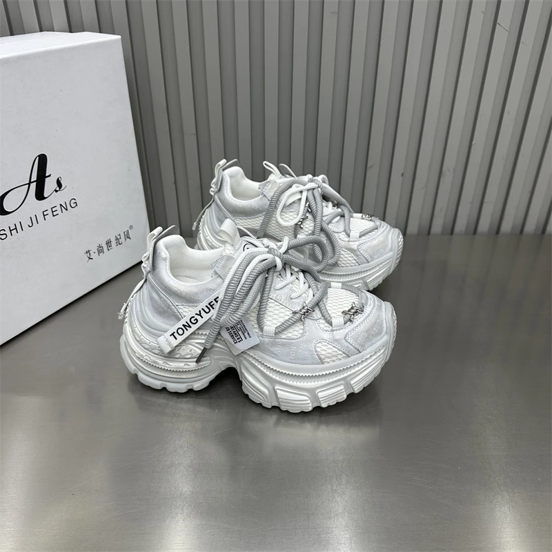 女鞋时尚百搭夏季透气春季拼色拼接厚底ins系带网面韩版潮流潮鞋