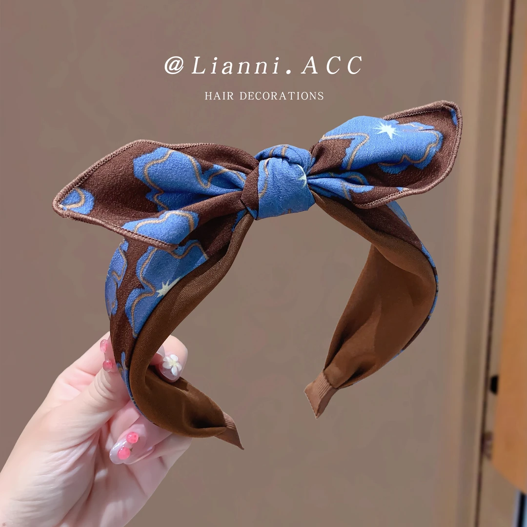 高品质缎面咖色洋气蓝色蝴蝶发箍女时尚宽边兔耳朵外出百搭发卡