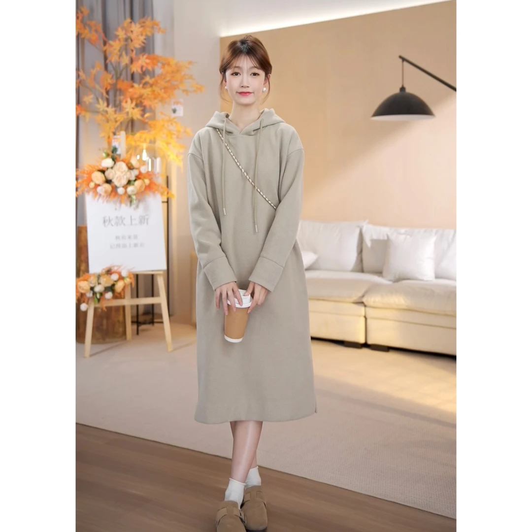 【现货】秋季长袖连帽宽松中长款休闲韩版卫衣连衣裙-9726
