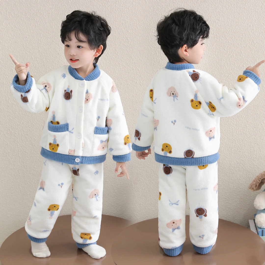 儿童法兰绒睡衣秋冬季2025新款男童宝宝双层加厚珊瑚绒家居服套装