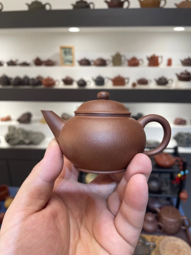 宜兴紫砂原矿紫泥精工半手小品薄胎内推水平壶100cc