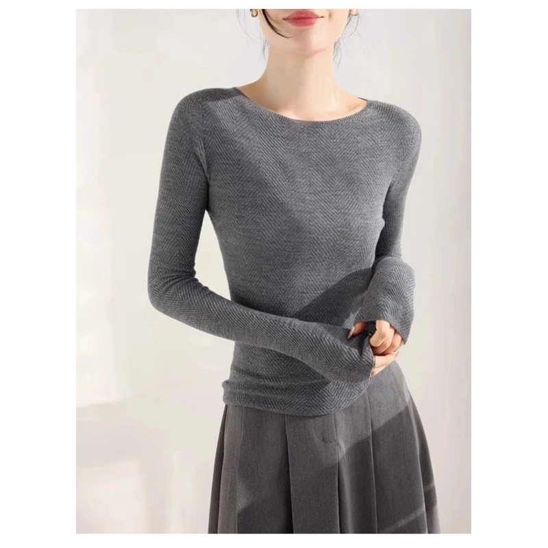 【人字纹一字领】60S德国扬子春季新款长袖打底衫修身百搭时尚显瘦