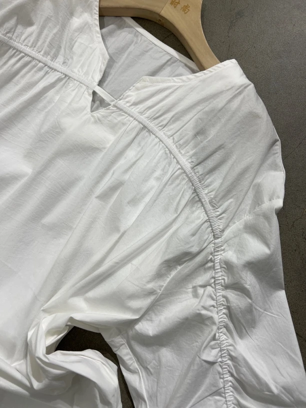 设计感抽褶V领宽松短袖罩衫衬衫时尚百搭上衣