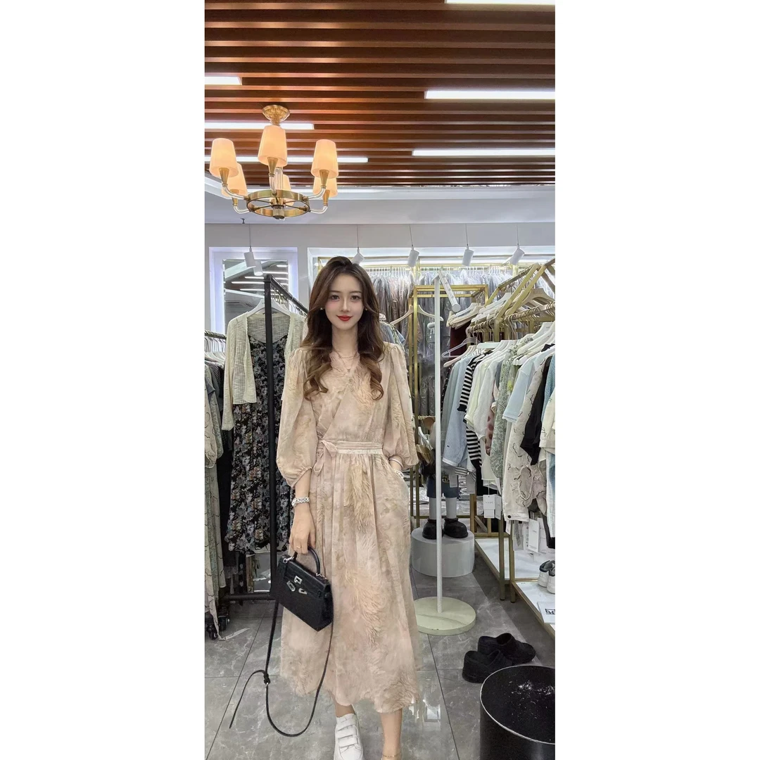 505232 2025新款高端大气凤凰羽毛系带收腰中长款雪纺裙连衣裙