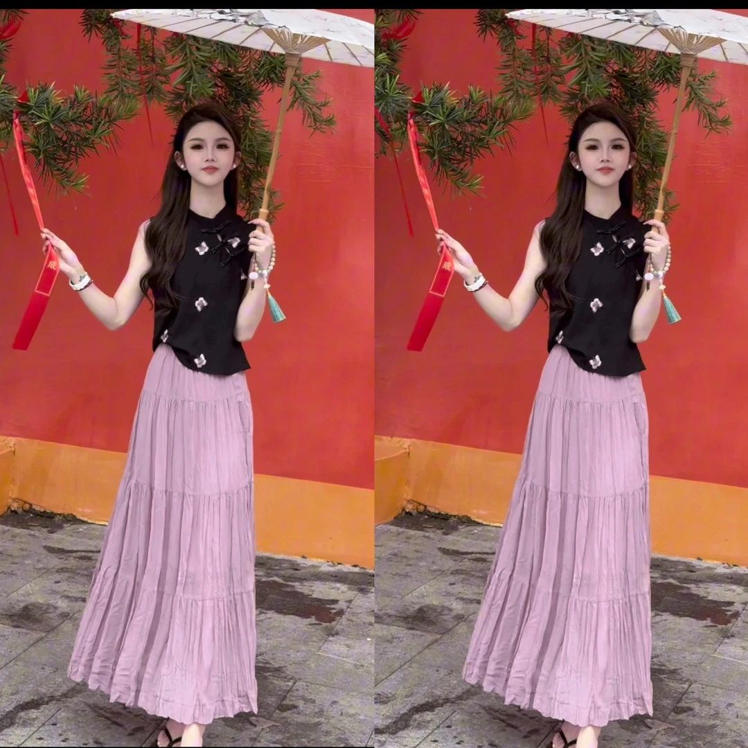 （淘气美人）粉蝶精绣国风斜珠扣中式立领短袖上衣