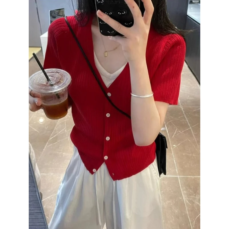 韩系红色v领冰丝针织衫短袖t恤女夏季洋气独特别致短款上衣毛衣