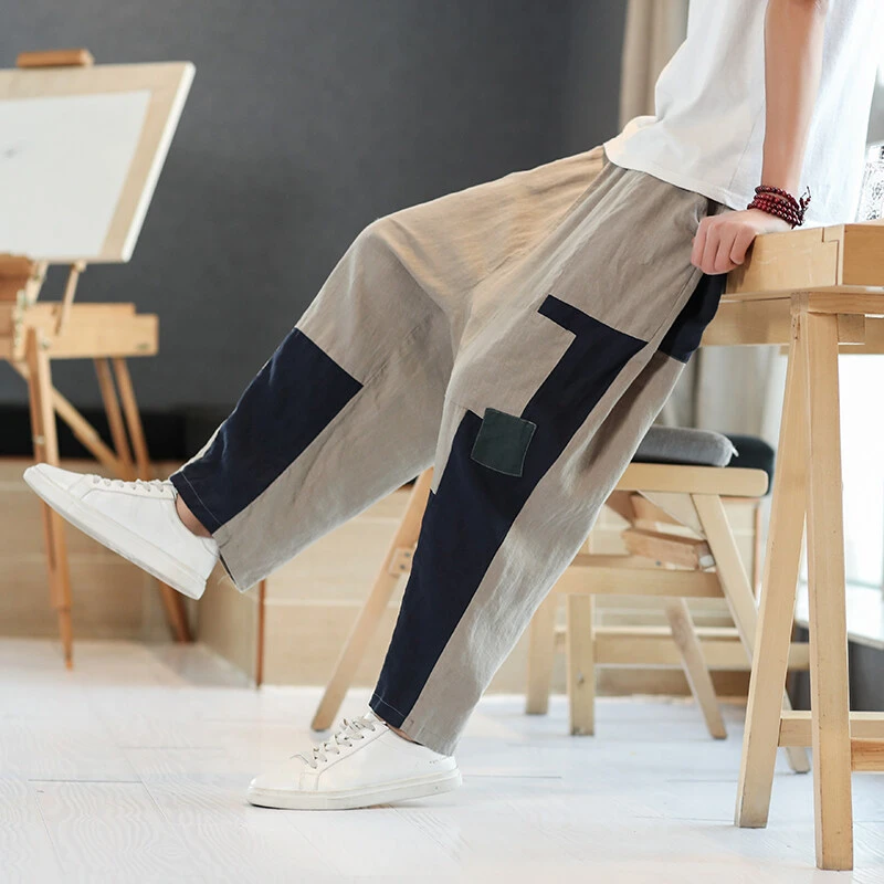 新款棉麻乞丐补丁裤男士秋季新国风大码宽松潮流百搭阔腿休闲裤潮