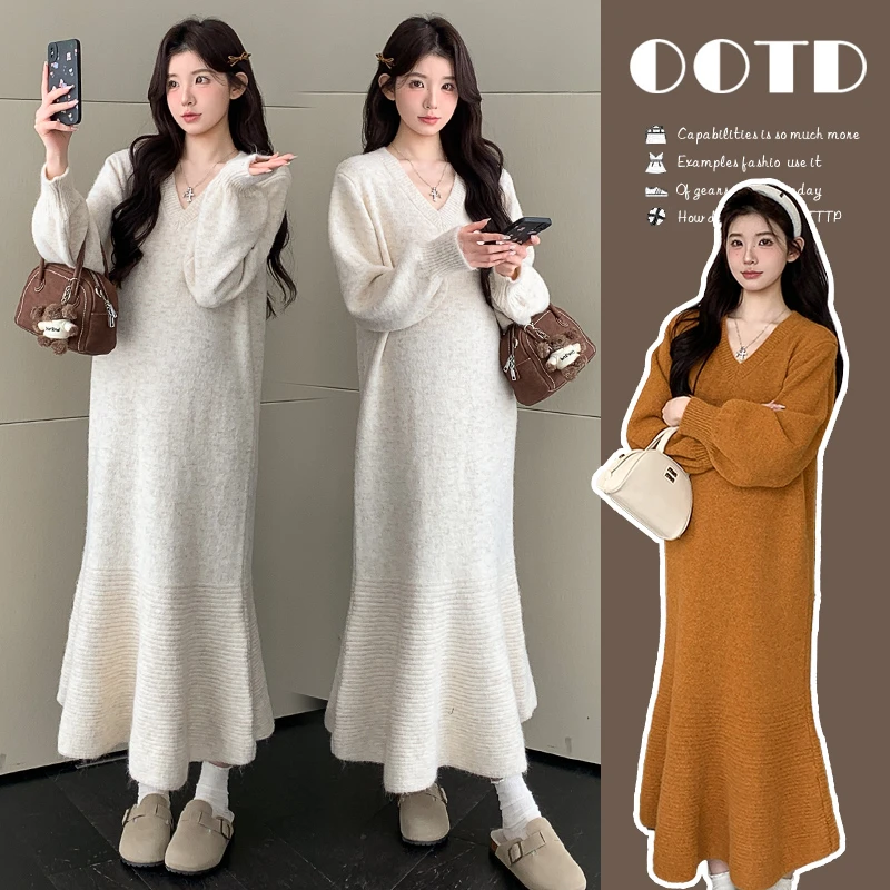 时尚孕妇2025秋冬新款气质过膝v领显瘦中长款鱼尾针织连衣裙