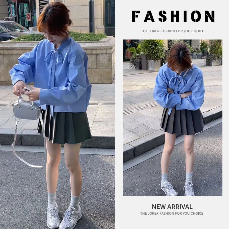 今年流行穿搭一整套2025新款绑带长袖减龄衬衫时尚百褶裙两件套潮