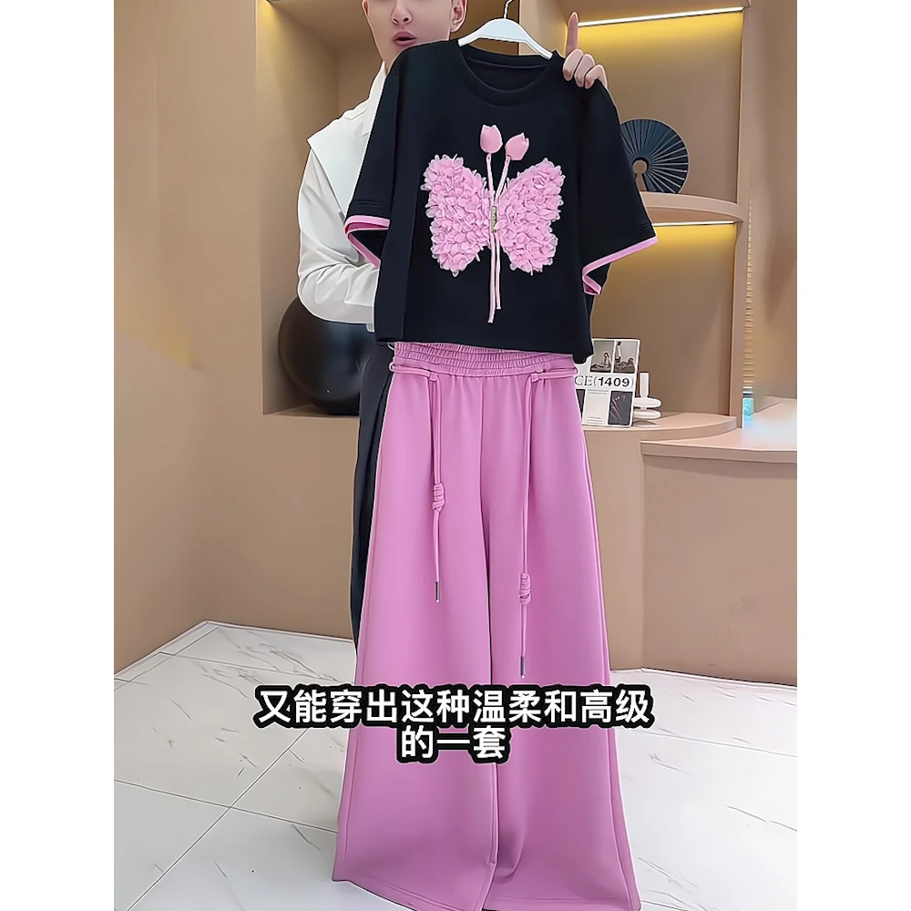 休闲学生夏季黑色卡通印花短袖两件套女装2025新款休闲阔腿裤套装