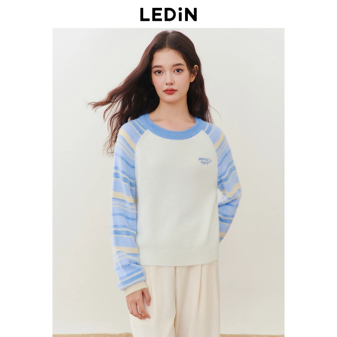 乐町圆领彩条插肩袖线套衫女24冬季新款仿貂毛纱线毛衣上衣