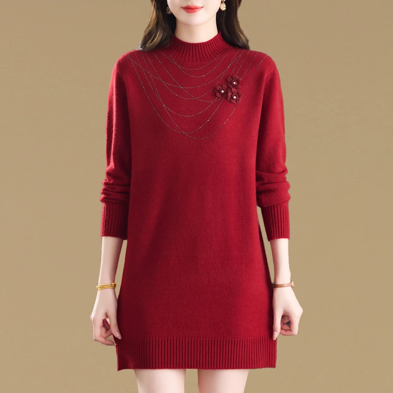 气质洋气半高领中长款打底毛衣裙女秋冬新款宽松显瘦针织连衣裙厚
