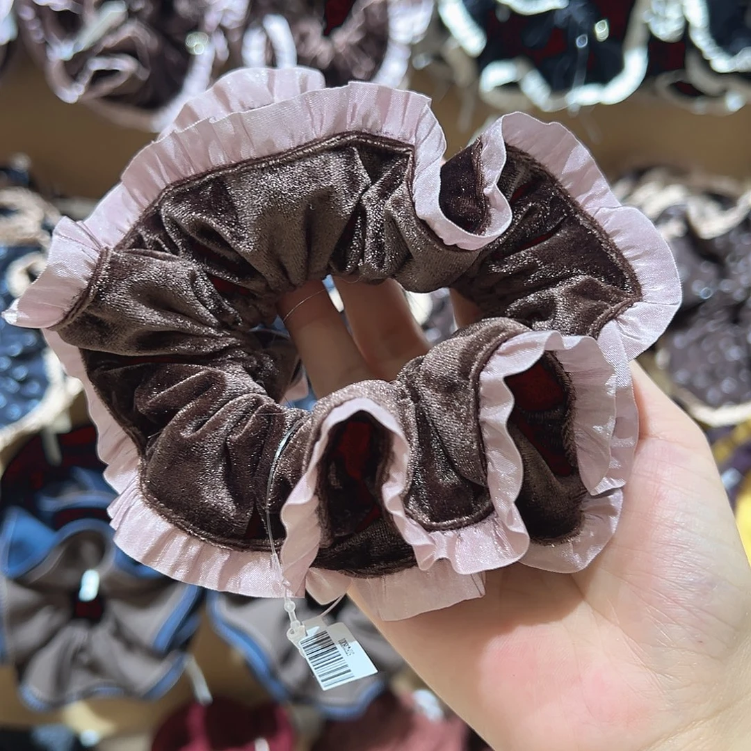 皮质铁合金咖色丝绒粉边发圈