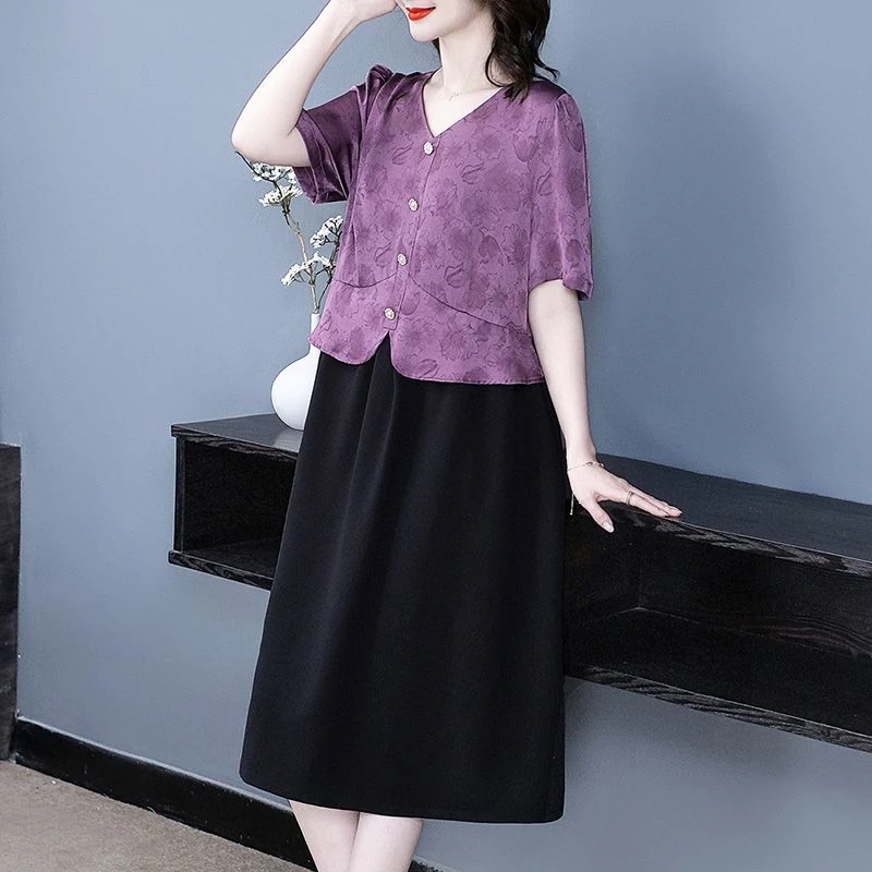 大码高档连衣裙女2025新款阔太太拼接假两件显瘦加大裙子250398