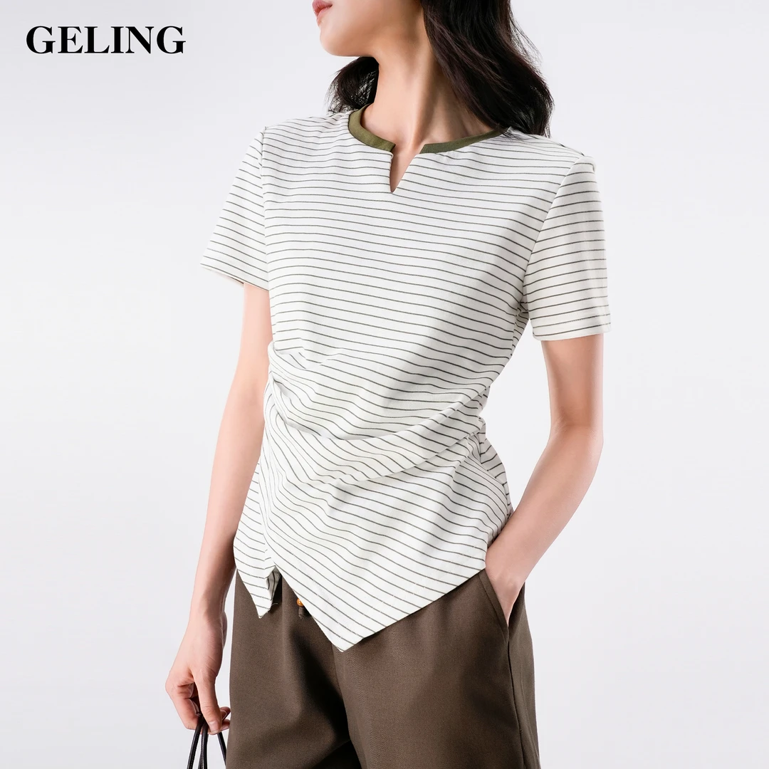 GELING/歌&玲户外百搭格子修身印花法式条纹通勤休闲T恤G502W204T