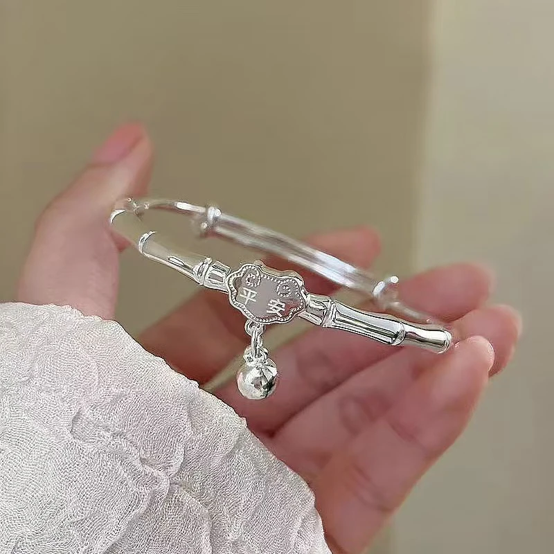 足银手镯 A17足银999.9 竹节吊铃铛推拉实心银手镯  时尚复古