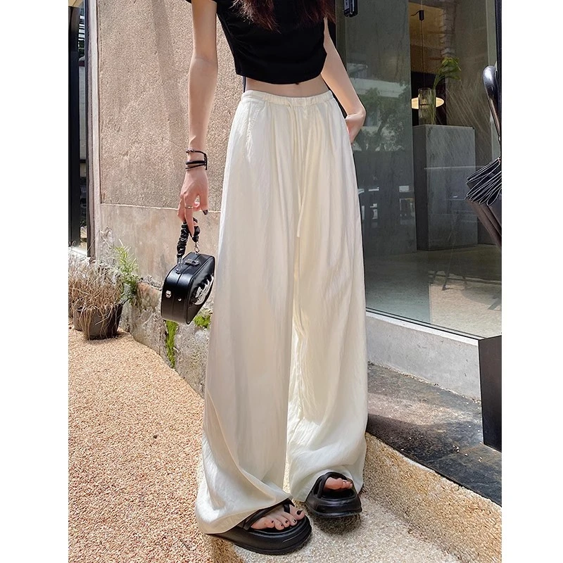 白色裤子女炸街阔腿裤春夏季新款薄款松紧腰休闲裤高腰冰丝拖地裤