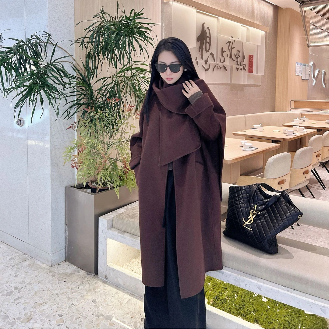 双面羊绒大衣2025新款韩版围巾设计师定制女款圆领大衣冬长款外套