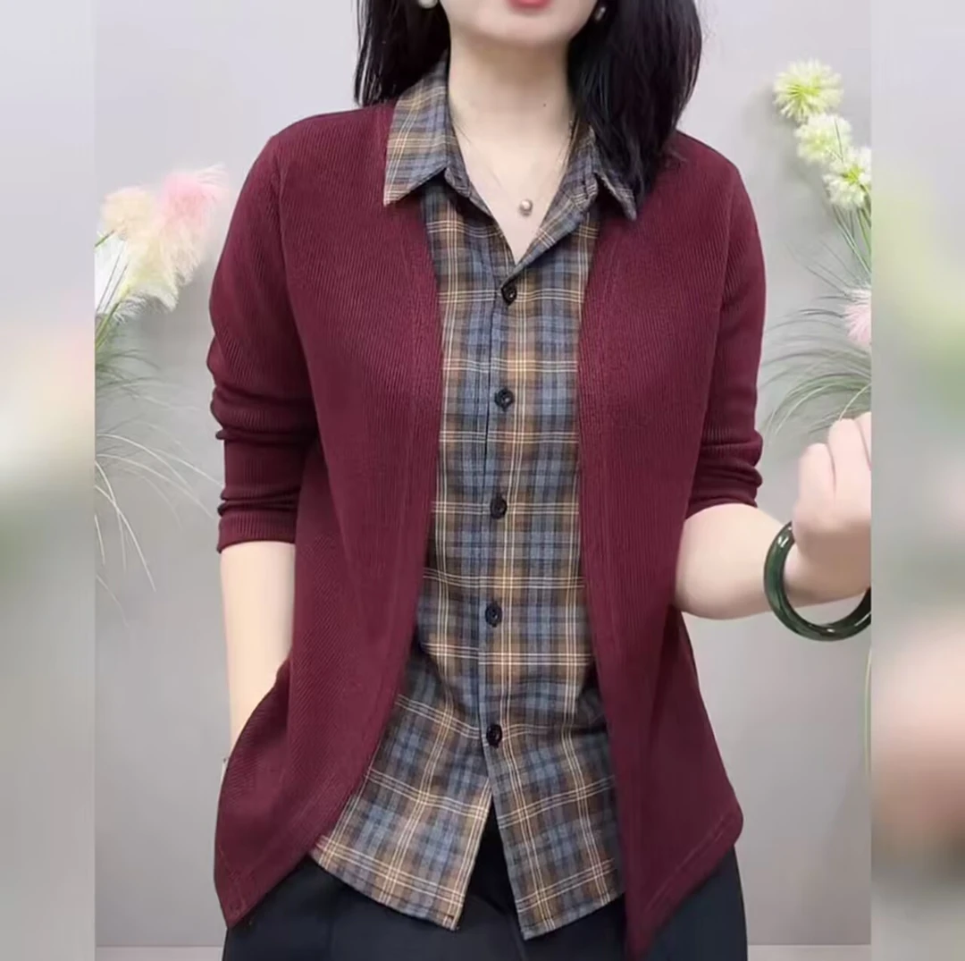 春秋新款时尚百搭休闲洋气宽松显瘦气质女士长袖上衣假两件格子款