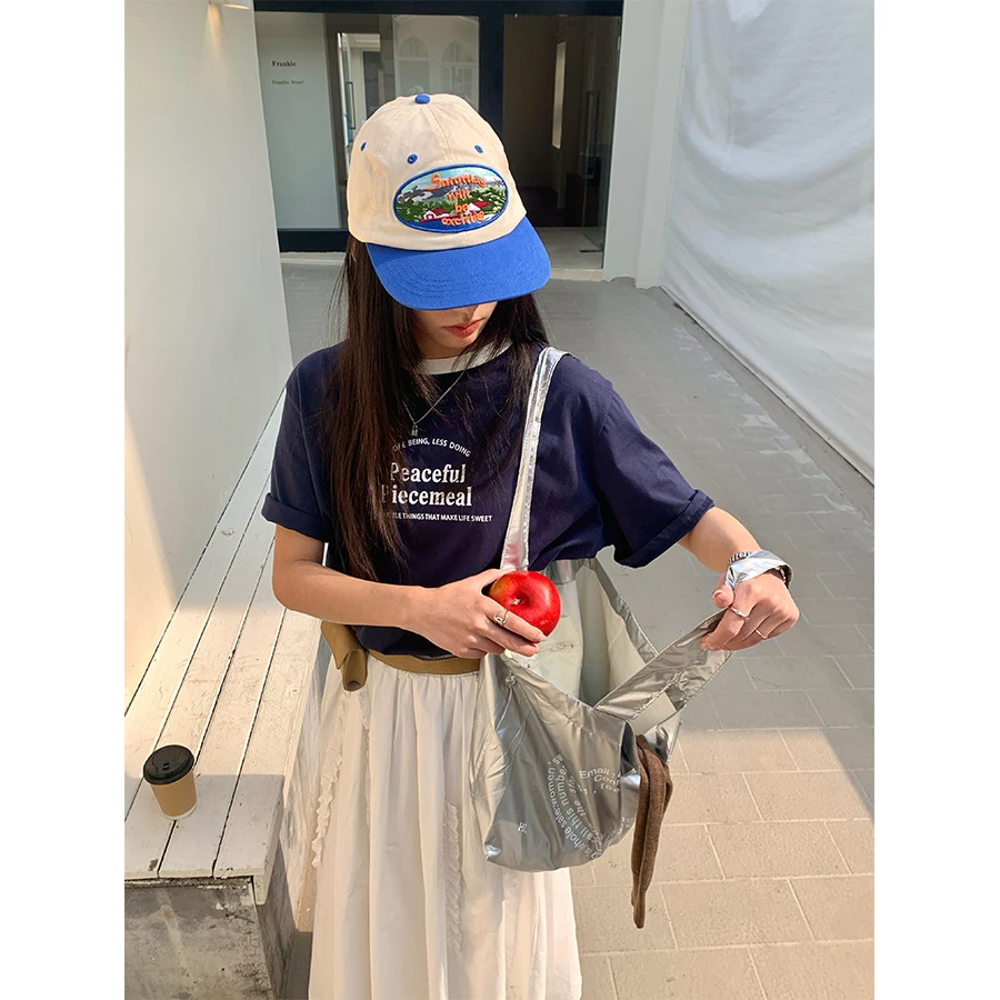 美式撞色领白色印花T恤宽松洋气ins女2025夏韩系正肩休闲短袖上衣