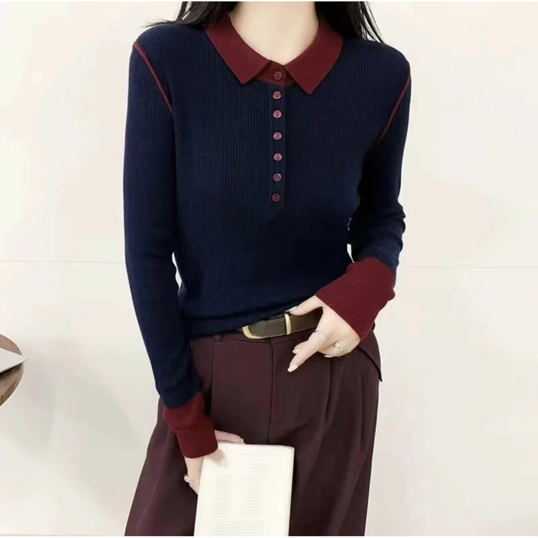 （小猪）翻领撞色打底衫新款气质显瘦百搭针织衫长袖针织时尚套头