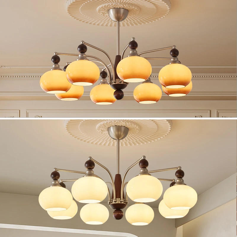 中古柿子客厅吊灯奶油风玻璃餐厅书房灯奶油风实木复古法式卧室灯