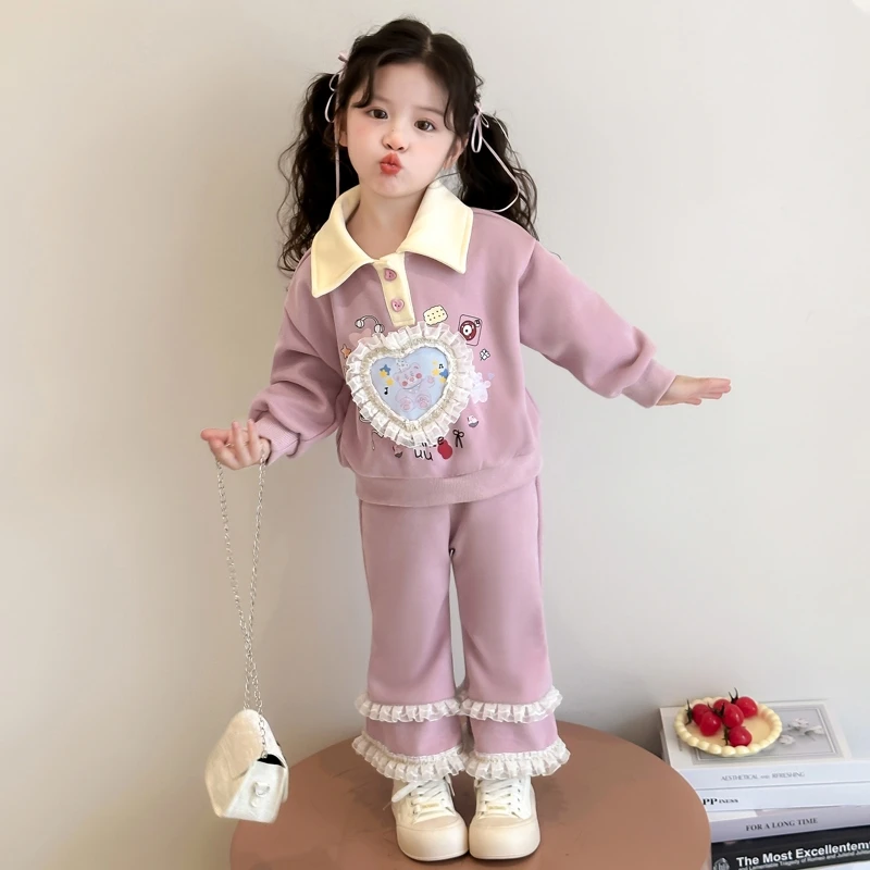 女童polo卫衣套装儿童春秋装新款女宝宝花边休闲两件套小女孩时髦