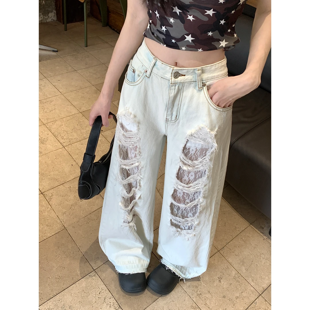 水洗蕾丝拼接破洞牛仔裤女街头直筒宽松阔腿坠感长显瘦中腰夏季