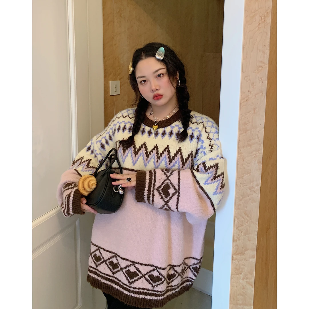 Dazi金大复古宽松毛衣女圆领针织衫0103/0421