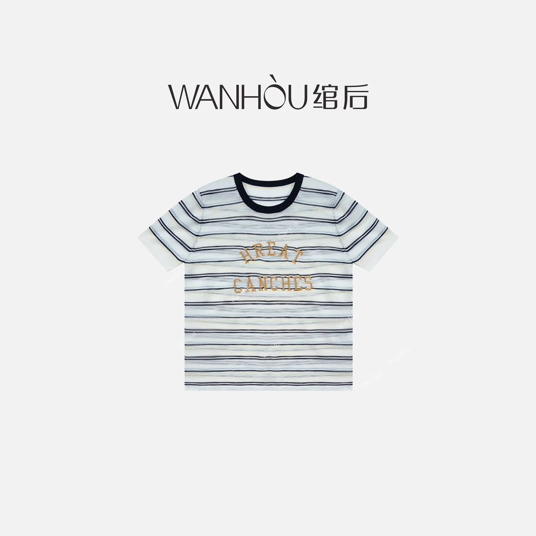 【C3003】#绾后-韩版休闲字母印花条纹撞色圆领短袖T恤女百搭SS